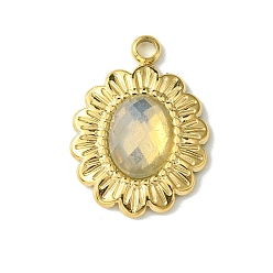 Antique White Ion Plating(IP) Real 14K Gold Plated 304 Stainless Steel with Glass Pendant, Oval Flower Charms, Antique White, 18x13x3.5mm, Hole: 1.6mm