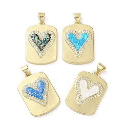 Mixed Color Valentine's Day Brass Micro Pave Clear Cubic Zirconia Pendants, with Synthetic Opal, Real 18K Gold Plated, Rectangle with Heart Pattern, Mixed Color, 25x17x3mm, Hole: 3.5x5mm