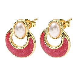 Светло-Вишневый Овальные серьги-гвоздики с плоскими круглыми латунными эмалированными элементами, с пластмассовой жемчужиной abs, стойки покрытие, без кадмия и без свинца, долговечный, золотые, светло-вишневый, 17x13.5 мм