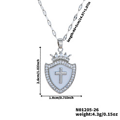 Белый Модные хип-хоп латунные прозрачные кубические цирконии щит крест корона кулон ожерелья, с эмалью, идеально подходит для ежедневных вечеринок, платина, белые, 15.75 дюйм (40 см)