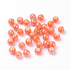 Coral Pearlized Handmade Porcelain Round Beads, Coral, 6mm, Hole: 1.5mm