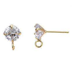 Real 18K Gold Plated Brass Micro Clear Cubic Zirconia Stud Earring Findings, with Loop, Nickel Free, Real 18K Gold Plated, 12x8mm, Hole: 2mm, Pin: 0.7mm