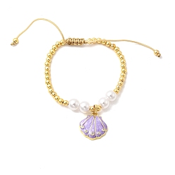 Лиловый Латунные браслеты с подвесками из микрофибры и кубического циркония, Браслеты из плетеных бусин из латуни и АБС-пластика с имитацией жемчуга, формы раковины, долговечный, без кадмия и без свинца, реальный 18 k позолоченный, сирень, внутренний диаметр: 2-1/8~3-1/2 дюйм (5.5~9 см)
