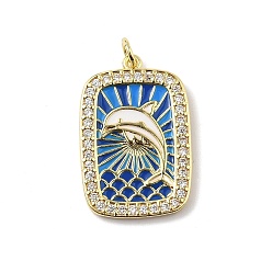 Dolphin Подвески из латуни микропаве с фианитами и эмалью, прямоугольные, стойки покрытие, долговечный, без свинца и без кадмия, реальный 18 k позолоченный, с целью перехода в кольце, дельфин, 26.5x17.5x2 мм, отверстие : 3.2 мм