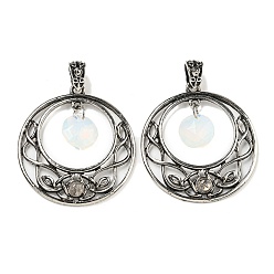 Опал Подвески-восьмиугольники с опалитом и огранкой, антикварные серебряные тона, полые плоские круглые подвески из сплава с покрытием, без свинца и без кадмия, 44x40x5 мм, отверстие : 4.5x6 мм