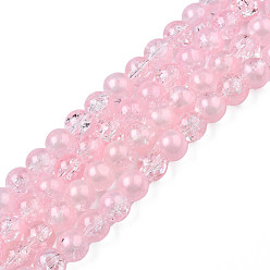 Pink Brins de perles de verre craquelées translucides, avec de la poudre de paillettes, ronde, rose, 8x7.5mm, Trou: 1mm, Environ 100~105 pcs/chapelet, 31.50 pouces~33.07 pouces (80cm~84cm)
