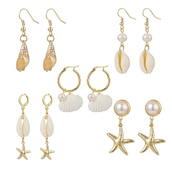 Seashell Color 5 Pair 5 Style Natural Shell with Pearl Beaded Drop Earrings, Golden 304 Stainless Steel Starfish Dangle Hoop & Stud Earrings for Women, Seashell Color, 39~56mm, Pin: 0.6~0.8mm, 1 Pair/style