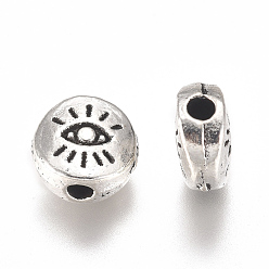Antique Silver Alloy Beads, Flat Round with Eye, Antique Silver, 6x3mm, Hole: 1mm