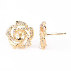 Real 18K Gold Plated Brass Micro Pave Clear Cubic Zirconia Stud Earrings Findings, for Half Drilled Bead, Nickel Free, Flower, Real 18K Gold Plated, 15.5x16mm, Pin: 0.8mm, Pin: 0.8mm(for Half Drilled Bead)