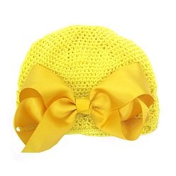 Yellow Handmade Crochet Baby Beanie Costume Photography Props, with Grosgrain Bowknot, Yellow, 180mm