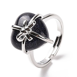 Синий Драгоценный Камень Сердце из синтетического голубого золота с регулируемым кольцом с бантом, украшения из латунной проволоки для женщин, без кадмия и без свинца, платина, размер США 7 1/4~13 (17.5~22.3 мм)