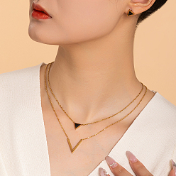 Настоящее золото 18K Комплект украшений из нержавеющей стали и стекла в форме треугольника и V для женщин, Комплект из сережек-гвоздиков и двухслойного ожерелья, реальный 201 k позолоченный