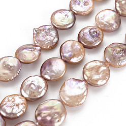 PeachPuff Natural Keshi Pearl Beads Strands, Cultured Freshwater Pearl, Flat Round, PeachPuff, 12~15x12~14x4~8mm, Hole: 0.6mm, about 27~28pcs/strand, 15.35 inch(39cm)