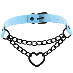 Light blue (spades) Fashionable Heart-shaped Black Chain Collar Necklace with Lock, PU Leather Material