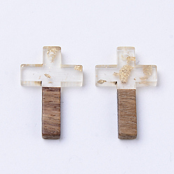 Clear Resin & Walnut Wood Pendants, with Gold Foil, Cross, Clear, 26x16x3mm, Hole: 1.8mm