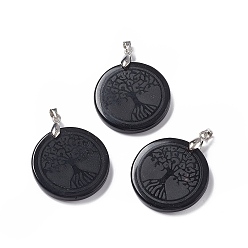 Obsidian Natural Obsidian Pendants, Flat Round Charms with Tree of Life Pattern, with Rack Plating Platinum Tone Brass Findings, Cadmium Free & Lead Free, 30x4~8mm, Hole: 4x4mm