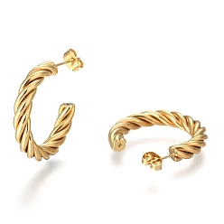 Golden 304 Stainless Steel Half Hoop Earrings, Stud Earrings, Hypoallergenic Earrings, with Ear Nut, Twisted, Ring, Golden, 31.5x5mm, Pin: 0.5mm