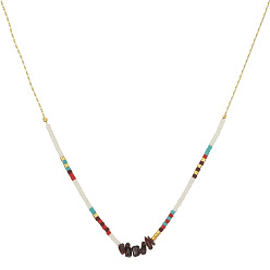 XN047-3 Bohemian Style Natural Stone Pendant Necklace - Copper Plated Gold Rice Bead Necklace