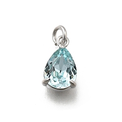 Бледно-бирюзовый Каплевидная латунь со стеклянными подвесками, одиночные каменные прелести, без кадмия и без свинца, долговечный, стойки покрытие, платина, бледные бирюзовая, 10.5x6.5x4.5 мм, отверстие : 2 мм