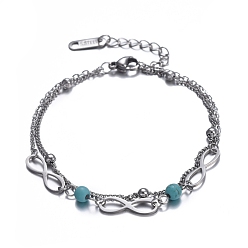 Stainless Steel Color 304 Stainless Steel Multi-strand Bracelets, with Synthetic Turquoise Beads and Lobster Claw Clasps, Infinity, Stainless Steel Color, 6-1/2 inch(16.5cm)