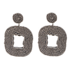 grey Boho Geometric Double-Sided Beaded Earrings with Handmade Ethnic Flair