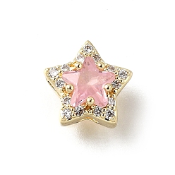 Pink Латунные микро проложить кубического циркония бусы, звезда, с кристаллическим цирконием, реальный 18 k позолоченный, Камень октября, розовые, 10x10x7.5 мм, отверстие : 2x2 мм