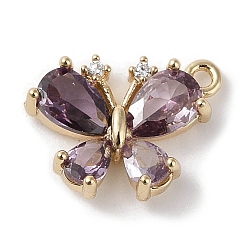 Purple Brass Micro Pave Cubic Zirconia Charms, Real 18K Gold Plated, Butterfly, Purple, 13x11x3.5mm, Hole: 1.2mm
