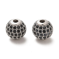 Black Rhodium Plated 925 Sterling Silver Micro Pave Cubic Zirconia Beads, Round, Real Platinum Plated, Black, 10x9mm, Hole: 2.2mm