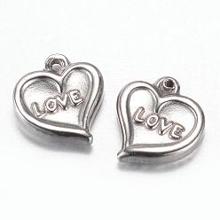 Stainless Steel Color 201 Stainless Steel Charms, Heart with Word Love, Valentine's Day, Stainless Steel Color, 12.8x12x3mm, Hole: 1.5mm