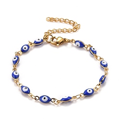 Blue Enamel Horse Eye Link Chains Bracelet, Vacuum Plating 304 Stainless Steel Jewelry for Women, Golden, Blue, 6-3/4 inch(17.1cm)