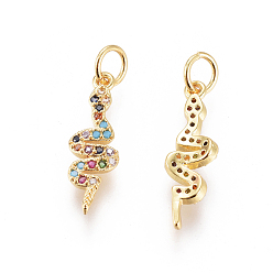 Golden Brass Micro Pave Cubic Zirconia Pendants, with Jump Rings, Long-Lasting Plated, Snake, Colorful, Golden, 18x6x2mm, Hole: 3mm