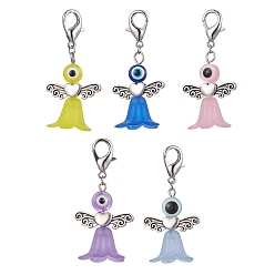 Mixed Color Acrylic & Resin Evil Eye Angel Pendant Decorations, with Zinc Alloy Lobster Claw Clasps, Mixed Color, 50mm