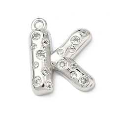 Letter K Латунные микропаве прозрачные подвески с фианитом, без кадмия и без свинца, долговечный, стойки покрытие, платина, Письмо K, 22x17.5x4.5 мм, отверстие : 1.8 мм