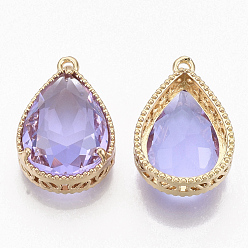 Lilac Faceted Glass Pendants, with Golden Tone Brass Open Back Settings, Teardrop, Lilac, 23x15.5x6.5mm, Hole: 1.5mm