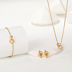 Golden Stainless Steel Double Interlocking Ring Jewelry Set, Link Bracelets & Dangle Stud Earrings & Pendant Necklaces, Golden, 170mm, 15x9mm, 420mm