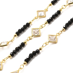 Черный Покрытие стойки, позолоченные звенья из латуни с цирконием, позолоченные цепи из ромба, ручной цепи стекло бисером, пайки, с катушкой, без свинца и без кадмия, чёрные, ромб: 18 мм, звено борта: 12.5x7.5x2.5мм