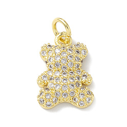 Clear Rack Plating Brass Micro Pave Cubic Zirconia Charms, Lead Free & Cadmium Free, Bear Charm, Real 18K Gold Plated, with Jump Ring, Clear, 15x10x3.5mm, Hole: 3mm