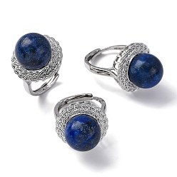 Ляпис-Лазурь Натуральный лазурит круглые регулируемые кольца для пальцев, платиновое латунное кольцо, стойки покрытие, долговечный, круглый : 21 мм, внутренний диаметр: американский размер 8 1/2 (18.5 мм)