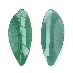 Green Plastic Pendants, Leaf, Green, 28x11x3mm, Hole: 1mm