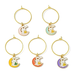 Mixed Color Alloy Enamel Wine Glass Charms, with Glass Beads and Brass Wine Glass Charm Rings, Rabbit with Moon, Mixed Color, 47mm