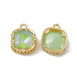 Peridot Square K9 Glass Charms, Faceted, with Light Gold Tone Brass Edge, Peridot, 15x12x4.5mm, Hole: 1.8mm