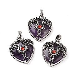 Amethyst Natural Amethyst Pendants, Heart Charms, with Rack Plating Antique Silver Tone Hyacinth Rhinestone Dragon Wing Findings, 36.5~37.5x32~32.5x9.5~10.5mm, Hole: 8.5x5.5mm