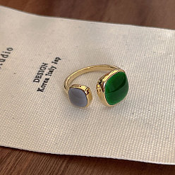 Square Dark Green Enamel Open Cuff Ring, Golden Brass Jewelry for Women, Square Pattern, US Size 8(18.1mm)