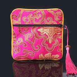 Deep Pink Square Chinese Style Cloth Tassel Bags, with Zipper, for Bracelet, Necklace, Deep Pink, 11.5x11.5cm