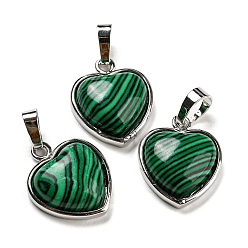 Malachite Synthetic Malachite Pendants, Heart Charms with Platinum Plated Brass Snap on Bails, 20.5x17.5x7mm, Hole: 4x8mm