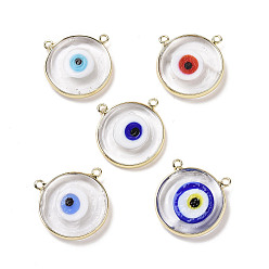 Mixed Color Handmade Lampwork Pendants, with Golden Plated Brass Findings, Cadmium Free & Lead Free, Flat Round with Evil Eye, Mixed Color, 21x21x4.5mm, Hole: 1.5mm
