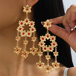 Golden Zinc Alloy & Rhinestone Stud Dangle Earrings, Flower, Golden, 107x50mm