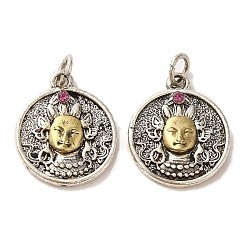 Antique Silver & Antique Golden Brass Pendants, with Rhinestone and Jump Ring, Flat Round with Buddha Charms, Antique Silver & Antique Golden, 17.5x15x3mm, Hole: 3mm