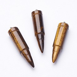 Tiger Eye Natural Tiger Eye Pointed Pendants, with 201 Stainless Steel Split Rings, Bullet, Stainless Steel Color, 42~46x10mm, Hole: 5mm