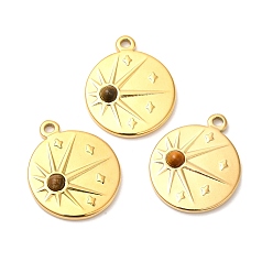 Тигровый глаз Ионное покрытие (ip) 316 плоские круглые подвески из нержавеющей стали, Натуральные солнцезащитные обереги тигрового глаза, реальный 24 k позолоченный, 21.5x18x4 мм, отверстие : 1.6 мм